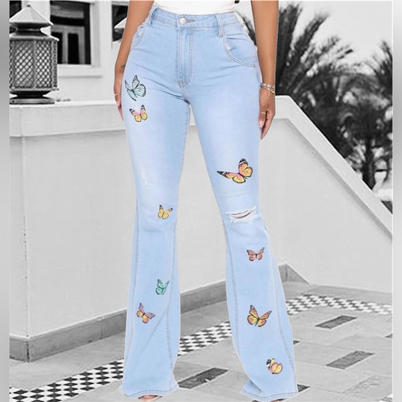 Butterfly Painted Flare Bottom Jeans | Stretch Denim | Size M - Picture 2 of 10